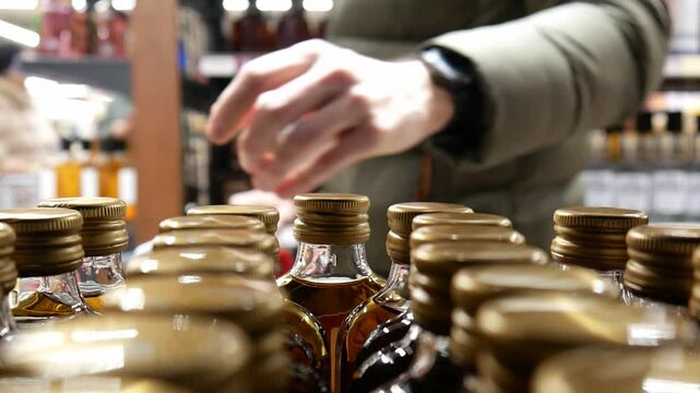 Close-up of many bottles of cognac rum or brandy in alcohol department and a male customer with a shopping trolley takes one