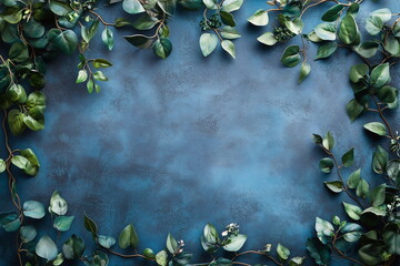 Elegant arrangement of green leaves on a textured blue surface for creative composition