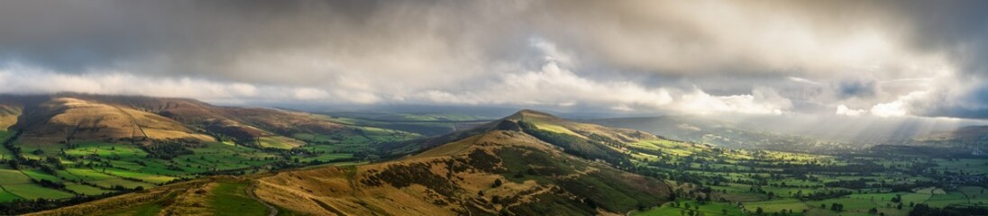 Panorama of The Great Ridge on Mam Tor mountain in Peak District. England