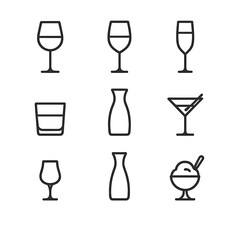 Fine-Dining Beverage Icons. Outline icon set of Fine-Dining Beverage Pairings: red wine glass, white wine glass, champagne flute,