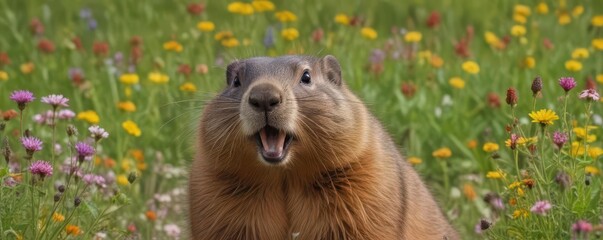 A chubby groundhog playfully extends its tongue amidst vibrant wildflowers , wildlife photography, field, animal photography