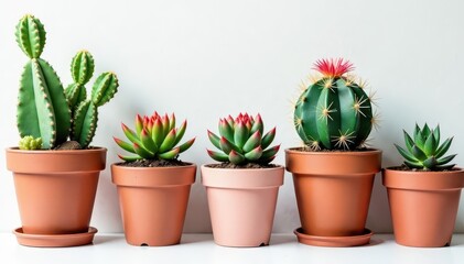 A colorful collection of succulents and cacti in various pots on a clean white background , arid, leaves, nature