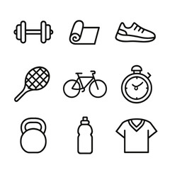 Fitness Icon Set. Outline icon set of Fitness and Sports: dumbbell, yoga mat, running shoe, tennis racket, bicycle, stopwatch,