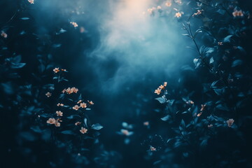 Moody twilight garden with mist and flowers creating an enchanting atmosphere in a serene setting