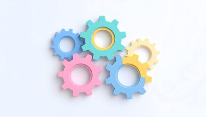 Flat minimalist vector design of pastel interlocking gears, isolated on white, ideal for infographics, UI elements, and presentation templates.
