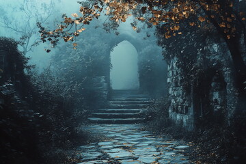 Mysterious stone pathway leads to an archway in a misty forest during early morning hours
