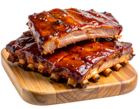 Close-up of glazed pork ribs with shiny sauce on wooden cutting board, isolated on transparent background