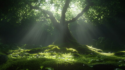 Majestic tree surrounded by lush green moss and sunlight filtering through branches in a tranquil forest setting