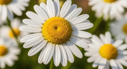 Fototapeta premium Close up of a beautiful daisy flower in full bloom with white petals and a yellow center showcasing its delicate beauty in natural light