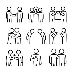 Fototapeta premium Sportsmanship Icon Set. Outline icon set of sportsmanship gestures: handshake after match, high-five, jersey exchange,