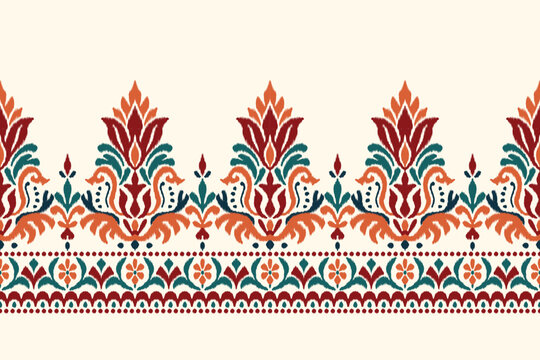 Seamless ikat floral embroidery border pattern with damask ethnic traditional textile design in red green orange tones for clothing fabric decoration abstract illustration and surface texture.