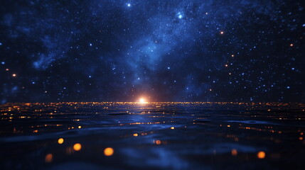 Stars twinkle over a calm ocean at sunset, creating a mesmerizing celestial display in the twilight sky