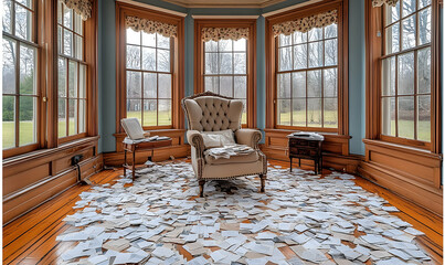 Empty, bright room has a chair with papers scattered around. Large windows overlook an outside area