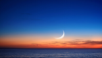 serene sunset sky peaceful horizon with crescent moon and soft light