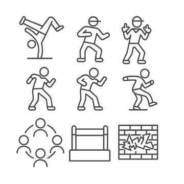 Street Dance Icons. Outline icon set of street dance festivals: breakdance freeze, popping hit, locking lock, krumping stance, hip
