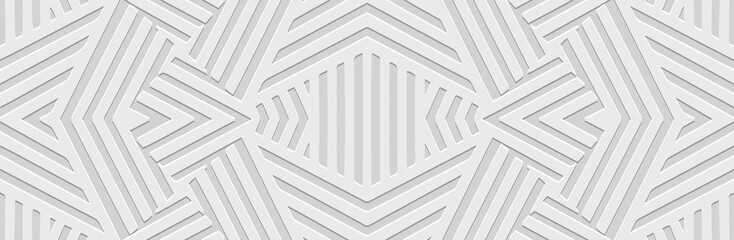 Banner, fashion cover design, wallpaper. Geometric ethnic linear pattern on white background, embossing. 3D relief ornaments, arabesques, mandala, fresco, painting of the East, Asia, India, Mexico.