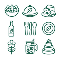 Sustainable Catering Icons. Outline icon set of green catering items: farm-to-table salad, vegan entr&eacute;e, local cheese platter,