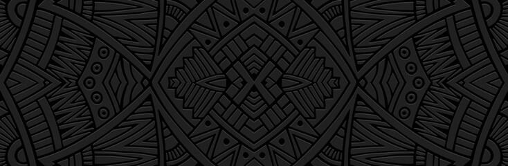 Banner, exotic cover design, wallpaper. Geometric ethnic original pattern on a black background, embossing. 3D relief ornaments, arabesques, mandala, fresco, painting of the East, Asia, India, Mexico.