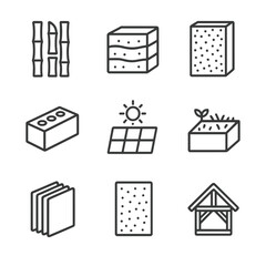Sustainable Material Icons. Outline icon set of innovative materials for sustainable construction: bamboo panel, rammed earth
