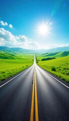 Fototapeta premium Panoramic View of Endless Highway Across Sun-Drenched American Landscape, Rolling Hills, Vibrant Green Fields, Vast Blue Sky - Perfect for Travel and Road Trip Imagery