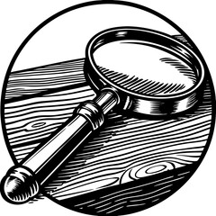 Vintage Style Magnifying Glass on a Wood Texture Surface in Black and White
