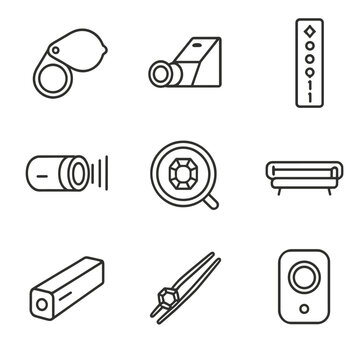 Gemstone Tools Icons. Outline icon set of Gemstone Identification Tools: faceting loupe, refractometer, Mohs scale chart,