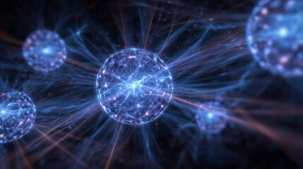 Quantum Energy Grid: Pulsating Blue Orbs Connected by Light Beams 
