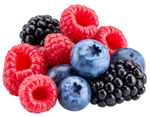 Close-up of mixed wild berries raspberries, blueberries, and blackberries, isolated on transparent background