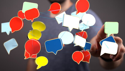 Abstract image depicting interconnected speech bubbles, symbolizing global communication and...