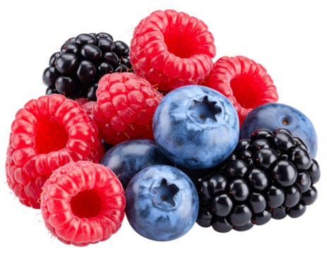 Close-up of mixed wild berries raspberries, blueberries, and blackberries, isolated on transparent background