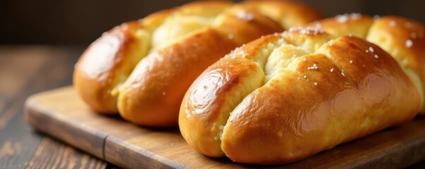 Golden brown crusty bread loaves with sweet glaze topping , loaf, top view