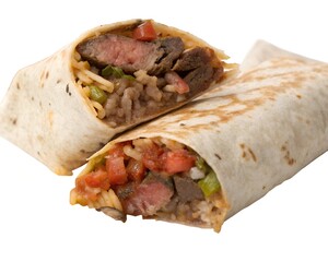Carne Asada Burrito with Bite Showing Inside Filling on White Background
