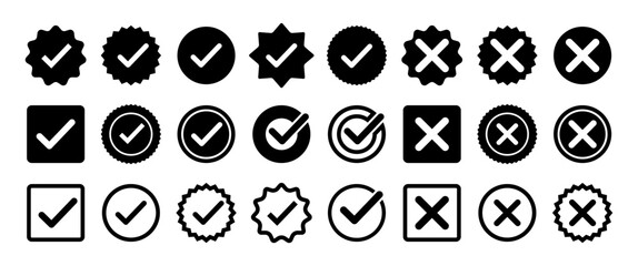 Isolated Black Check Mark icon set, Yes, No Buttons symbol design, Check Box, Banner and Web graphic elements illustration, Editable