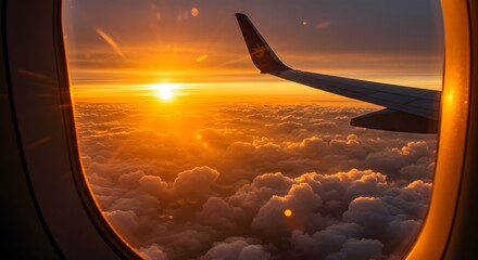 View from airplane window at sunrise, overlooking a sea of clouds during golden hour flight.