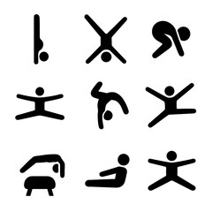 Gymnastics Moves Icons. Solid, filled icon set of gymnastics moves: handstand, cartwheel, somersault, split leap, backflip, aerial