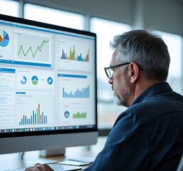 A business representative using a CRM tool with graphs and customer feedback analysis overlaying the screen.