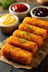 mozzarella sticks lined in a row with dipping sauces in the background