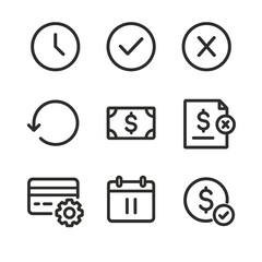 Transaction Status Icons. Outline icon set of transaction statuses: pending, completed, failed, refunded, disputed, processing,
