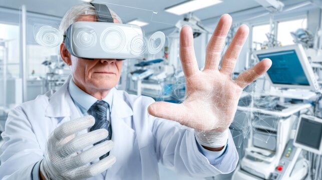 Elderly scientist in white lab coat and dark tie uses VR goggles in high-tech lab, interacting with digital wire-frame interface, surrounded by advanced scientific equipment and monitors.