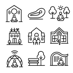 Fototapeta premium Urban Wellness Icons. Outline icon set of urban wellness spaces: sound healing room, vibration pod, meditation park, rooftop