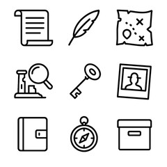 Historical Mystery Icons. Outline icon set of historical mystery documentaries: old parchment scroll, quill pen, ancient map,