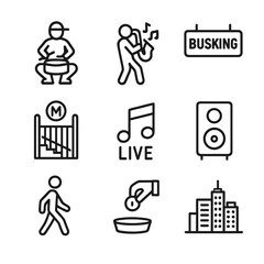 Fototapeta premium Urban Music Icon Set. Outline icon set of urban music scenes: street drummer, saxophone player, busking sign, subway entrance,