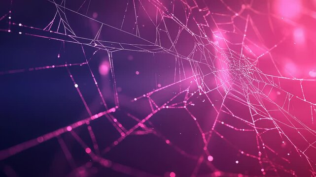 Delicate spiderweb threads shimmer against a vibrant magenta and deep blue gradient background