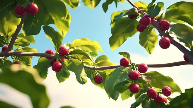 Lush cherry tree branches laden with ripe, red cherries against a bright blue sky.  Healthy leaves surround the fruit