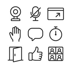 Virtual Meeting Icons. Outline icon set of virtual meeting etiquette: webcam, mute microphone icon, screen-share window, raised