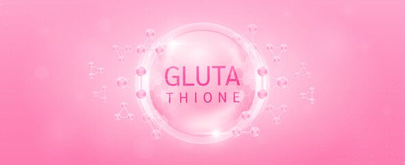 Glutathione solution in transparent hexagonal dome with surrounding molecules atom collagen pink. Banner for cosmetic products ads. Medical health care skin protection. Vector.