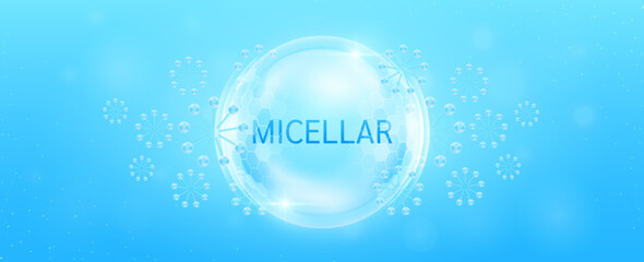 Micellar water in transparent hexagonal dome with surrounding molecules atom blue. Banner for cosmetic products ads. Facial cleanser, surfactant solution. Medical health care skin. Vector. © Adisak