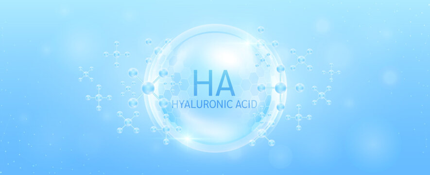 Hyaluronic acid solution in transparent hexagonal dome with surrounding molecules atom collagen blue. Banner for cosmetic products ads. Medical health care skin protection. Vector.