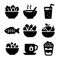 Immune-Boosting Meal Icons. Solid, filled icon set of immune-boosting meals: salad bowl, soup bowl, smoothie glass, grilled fish,