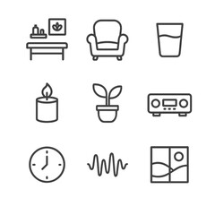 Wellness Icons Collection. Outline icon set of wellness environment: treatment room, comfy armchair, water glass, scented candle,